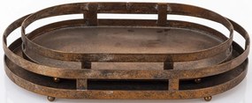 Ovális fogantyús koptatott bronz színű 2db-os fém tálca szett 6x40x26/6x35x22cm