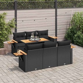 7 részes fekete polyrattan akácfa kerti ülőgarnitúra párnával