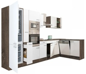 Yorki 370 sarok konyhablokk yorki tölgy korpusz,selyemfényű fehér fronttal alulagyasztós hűtős szekrénnyel