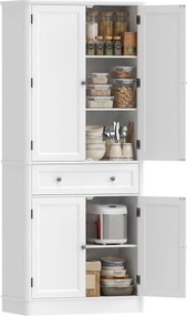 HOMCOM 186,4 cm magas konyhaszekrény, 4 ajtós tálalószekrény fiókkal és állítható polcokkal, fehér – 80 x 39,5 x 186,4 cm | Aosom