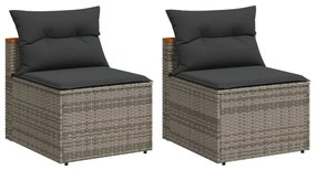 2 db szürke polyrattan karfa nélküli kerti kanapé párnákkal