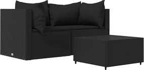 vidaXL 3 részes fekete polyrattan kerti ülőgarnitúra párnákkal