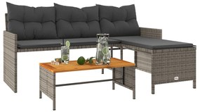 L-alakú szürke polyrattan kerti kanapé asztallal és párnákkal