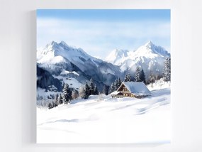 Vászonkép Canvas Akvarell Tájkép Hegyek Alpok Menedékház Tél 40x40
