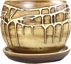 Kerámia kaspó fedél Ø-13,5 cm, talpas, barna cérna motívum