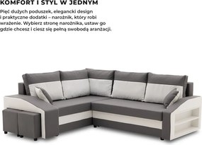 Grande sarokkanapé polcokkal és puffokkal , polc a jobb karfaban puffok a bal karfaban, baloldali, szövet anyag, bonell töltet, szürke - fehér