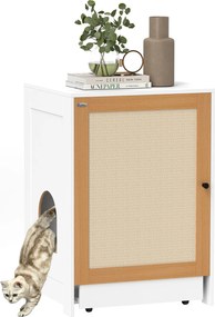 PawHut Macska WC Szekrény Húzható Tálcás Külön rekeszekkel, Kerekekkel és Kaparó Szőnyeggel - Belső Macska WC 57x50x80.5 cm Fehér és Tölgy | Aosom
