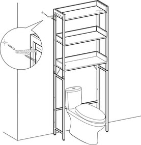 WC feletti tárolópolc, 3 szintes fürdőszobai állvány, 63 × 25 × 165 cm, rusztikus barna-fekete