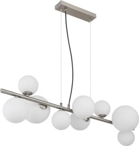 Globo 56140-9H Függeszték fém matt nikkel, üveg fehér, kábel PVC átlátszó, HxSzxM: 870x345x1200mm, üveg átmérő: 4x10cm, 3x12cm, 2x15 cm, benne 9x G9 LED 3.5W 230V, 350lm forrás, 310lm kimenet, 3000K