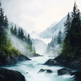 Vászonkép Canvas Tájkép Hegyek Erdő Fák Folyó Köd 80x80