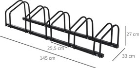 HOMCOM 5-Bicikli Taroló Állvány Kerékpártároló 65 mm-ig terjedő Kerekekhez, 145L x 33W x 27H cm Fekete Acél | Aosom