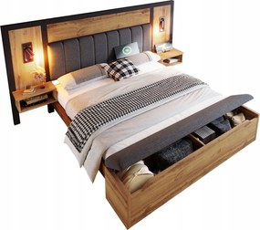 Kétszemélyes ágy Kárpitozott ágy 180×200cm Usb C olvasólámpa tölgy