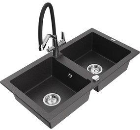 Mexen Mario gránit mosogató 2-medencés konyhai csapteleppel Duo, fekete pöttyös - 6504-76-671701-07