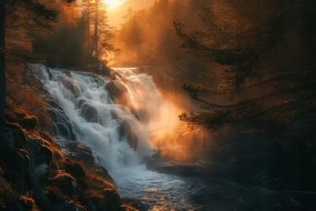 Vászonkép Canvas Tájkép Erdő Vízesés Nap Természet 120x80