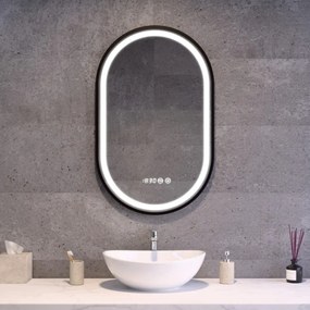 Ovális LED tükör fekete kerettel 50x80cm | Páramentesítő - Óra - Fényerő és színhőmérséklet szabályozás | Welland Type-3T