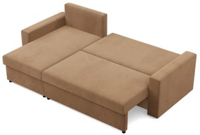 Zeus sarokkanapé, 2 ágyneműtartóval, egyenes kartámasz, szövet anyag, univerzális oldal, hab töltet, barna