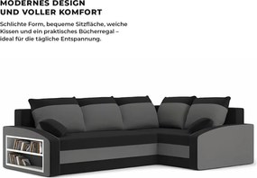 Grande sarokkanapé polcokkal , polc a bal karfaban, jobboldali, szövet anyag, hab töltet, fekete - szürke
