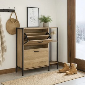 Cipősszekrény tölgy színben 2 rekesszel és polcokkal. Tartós MDF-ből