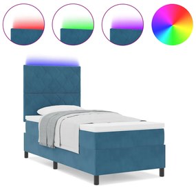 Boxspring Ágy Mattal &amp; LED Sötétkék 90x200 cm Bársony