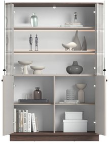 Vesper négyajtós vitrines szekrény 103 cm talapzaton - kasmír / dió / fekete fogantyúk