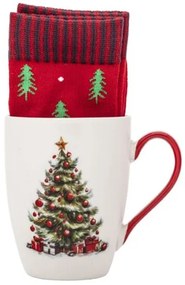 Fenyőfás karácsonyi porcelán bögre 340 ml + karácsonyi piros zokni ajándékcsomag