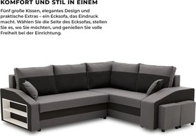 Grande sarokkanapé polcokkal és puffokkal , polc a bal karfaban puffok a jobb karfaban, jobboldali, szövet anyag, hab töltet, szürke - fekete