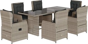 vidaXL 7 részes világosszürke polyrattan kerti étkezőszett párnával