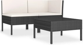 vidaXL 3 részes fekete polyrattan kerti ülőgarnitúra párnákkal