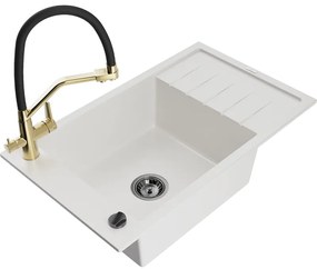 Mexen Elias egymedencés gránit mosogató csepegtetővel és Duo konyhai csapteleppel, fehér - 6511-20-671701-57-B