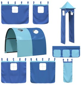 kék függönyök alagúttal és toronnyal ellátott tetőtéri ágyhoz