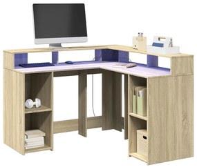 sonoma tölgy színű szerelt fa íróasztal LED-ekkel 130x130x91 cm