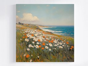 Vászonkép Canvas Tájkép Tenger Szikla Rét Virágok Pipacsok Margaréták 40x40