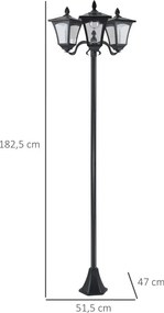 Outsunny napelemes kerti lámpa 3 izzóval, rozsdamentes acél rúddal, 120 lumenes LED, 51,5x47x182,5cm, fekete