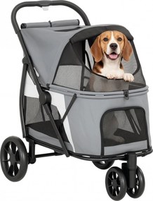 PawHut összecsukható kutyakocsi / kisállat-babakocsi — Akár 20 kg, mosható párna, hálós ablakok, 3 kerék, ajtó, hátsó zseb, szürke | Aosom