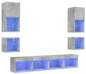 8 darab betonszürke szerelt fa fali TV-bútor LED-del