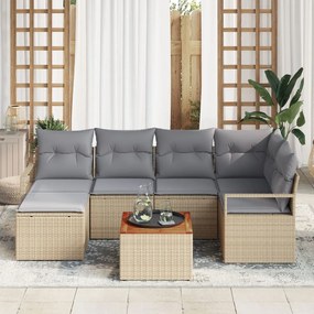 7 darabos Kertészkanapé készlet párnákkal Bézs Rattan Akácia, 2 személyes Kertészkanapé tárolóval és párnákkal Bézs Rattan