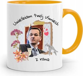 Sárga Politikus Bögre Mateusz Morawiecki Miniszterelnök fényképes nyomtatással