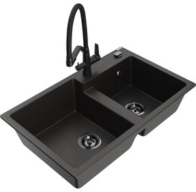 Mexen Tomas kétmedencés gránit mosogató Duo konyhai csappal, fekete/arany metál - 6516-75-671701-70-B