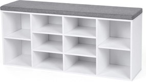 GABI cipősszekrény párnázott ülőkével, 10 rekesz, 104x30x48cm, szürke/fehér Vasagle