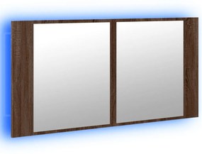 barna tölgy akril LED-es tükrös fürdőszobaszekrény 90x12x45 cm