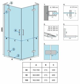 Rea Hugo Double, 2 szárnyas zuhanykabin 100 (ajtó) x 100 (ajtó) x 205 cm, 6mm átlátszó üveg, fekete profil, REA-K6602