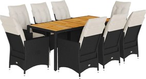 vidaXL 9 részes fekete polyrattan kerti étkezőgarnitúra párnákkal