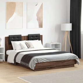 barna tölgy színű ágykeret fejtámlával és LED-ekkel 135x190 cm