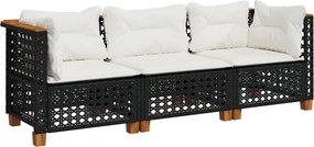 vidaXL fekete 3 személyes polyrattan kerti kanapé párnákkal