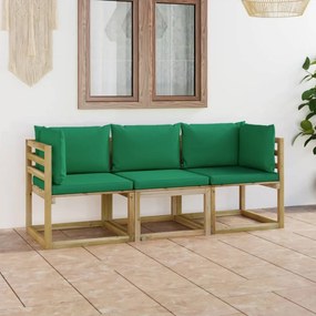 Háromszemélyes kerti kanapé zöld párnákkal