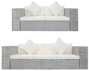 szürke 2 részes természetes rattan kanapészett párnákkal