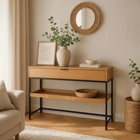Előszobai konzol polccal tölgy/fekete színben, 100 cm, RUBY