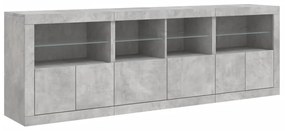 betonszürke tálalószekrény LED-világítással 202x37x67 cm