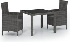 vidaXL 3 részes szürke polyrattan kültéri étkezőszett párnákkal