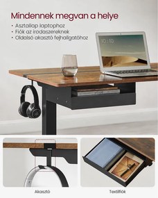 Elektromos magasságállítható íróasztal 140 × 60 cm, konnektorokkal és USB-portokkal, vintage barna-fekete
